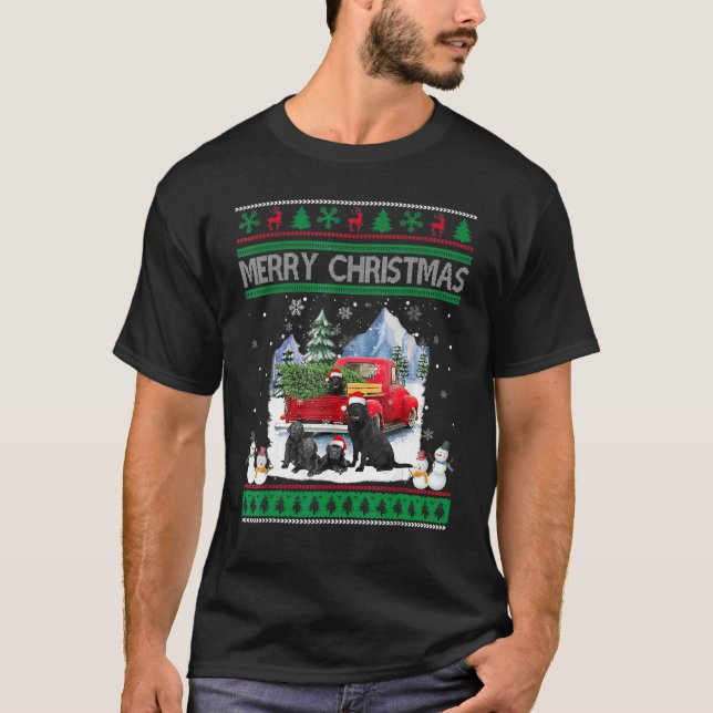 Frohe Ugly Christmas Black Lab Hat Santa Red Truck T-Shirt (Vorderseite)