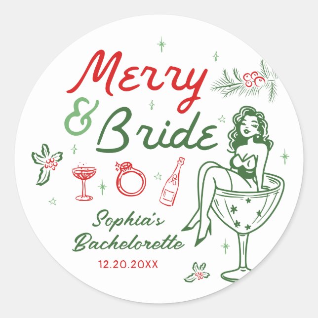 Frohe und bride Weihnachtsbachelorette Aufkleber (Vorderseite)