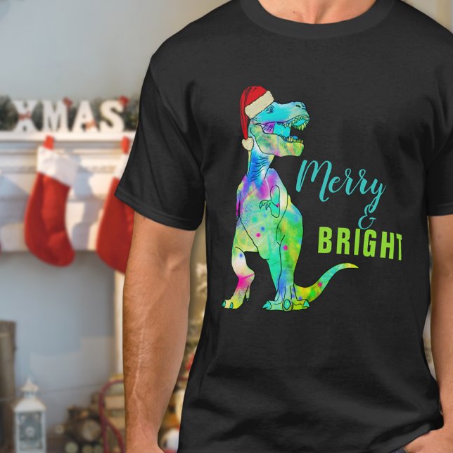 Frohe und helle Funny Funny Christmas Dinosaur T-Shirt (Merry and bright funny Christmas dinosaur T-shirt Colorful T-Rex wearing a santa hat )