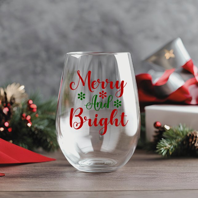 Frohe und helle klassische Weihnachtsfeiertage Weinglas Ohne Stiel (Merry And Bright Classic Christmas Holiday Stemless Wine Glass)