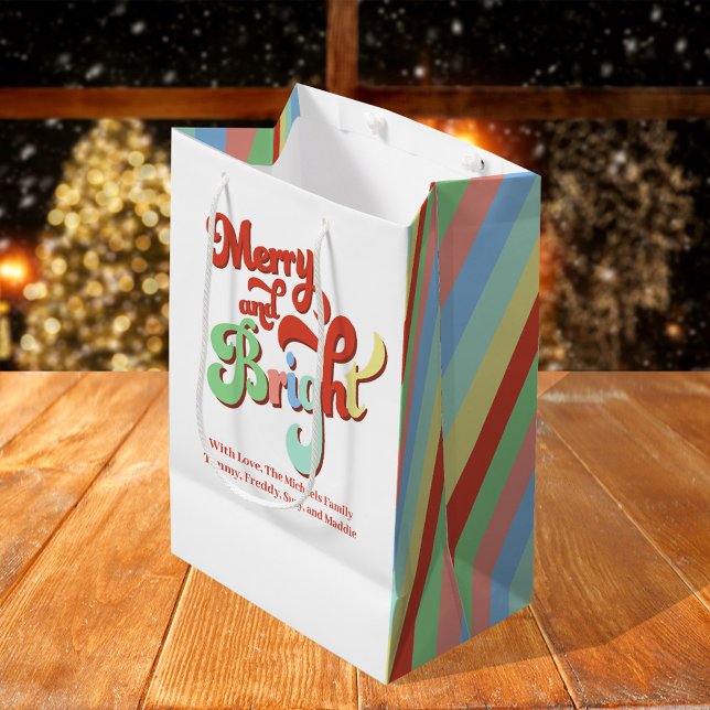 Frohe und helle Weihnachten Personalisiert Mittlere Geschenktüte (Merry and Bright custom festive retro style gift bag)