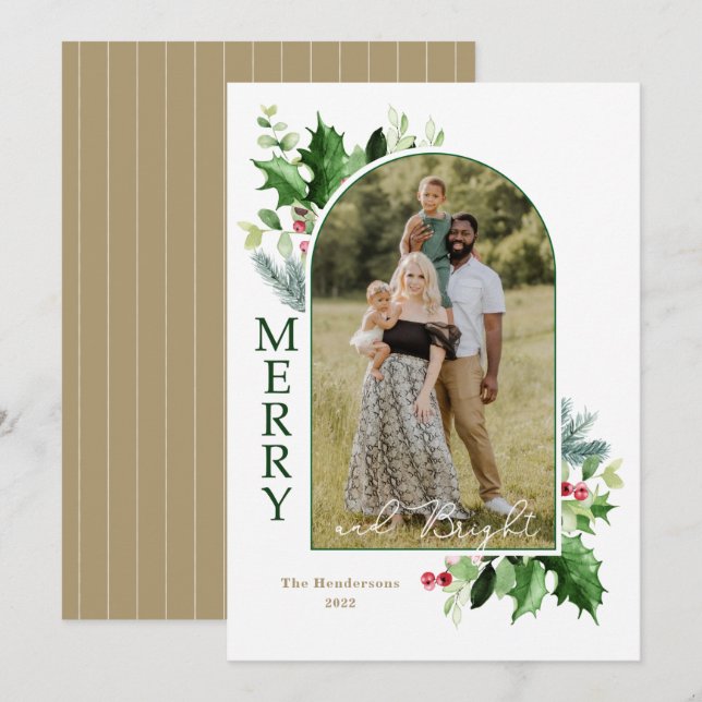 Frohe und helle Weihnachts-Script Gold Foto-Karte (Vorne/Hinten)