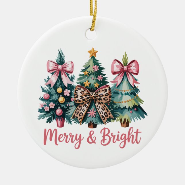 Frohe und helle Weihnachtsbaum Pink Leopard Bow Keramik Ornament (Vorne)