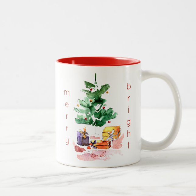 Frohe und helle Weihnachtsbaum Wasserfarbe Zweifarbige Tasse (Rechts)