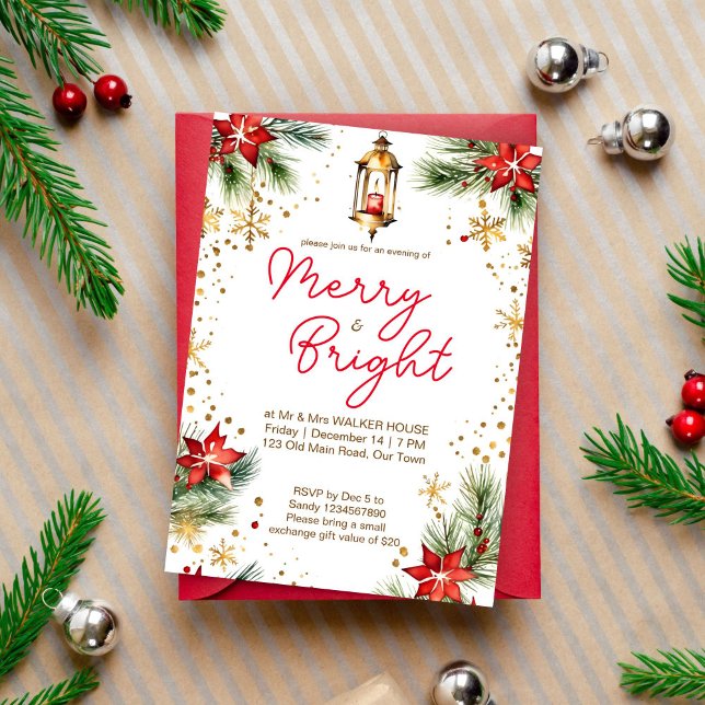 Frohe und helle Weihnachtsessen Party Laterne Einladung (Merry and bright Christmas dinner party editable template invitation digital download poinsettia )