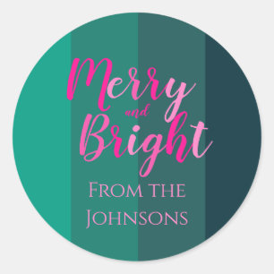 Frohe und helle Weihnachtsfamilie Name Green Pink Runder Aufkleber