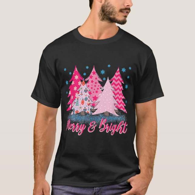 Frohe und hellrosa Weihnachtsbaum Pink T-Shirt (Vorderseite)