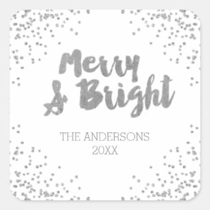 Frohe und strahlende silberne Glitter-Weihnachtsau Quadratischer Aufkleber