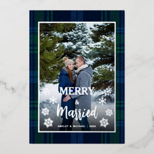 Frohe und verheiratete Foto Blau Grün Tartan Karo Folien Feiertagskarte