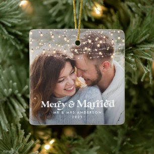 Frohe und verheiratete Foto Hochzeit Weihnachten T Keramikornament