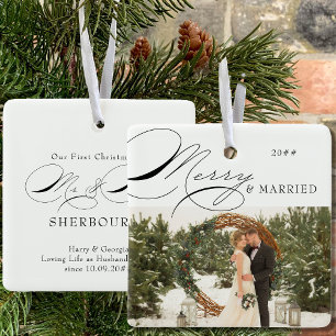 Frohe und verheiratete Foto- und Mr- und Mrs-Kalli Keramikornament