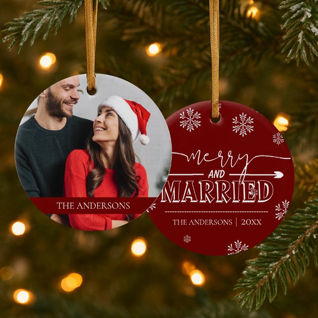 Frohe und Verheiratete Personalisierte Foto Weihna Keramik Ornament (Merry & Married Personalized Photo Christmas Photo Ceramic Ornament)