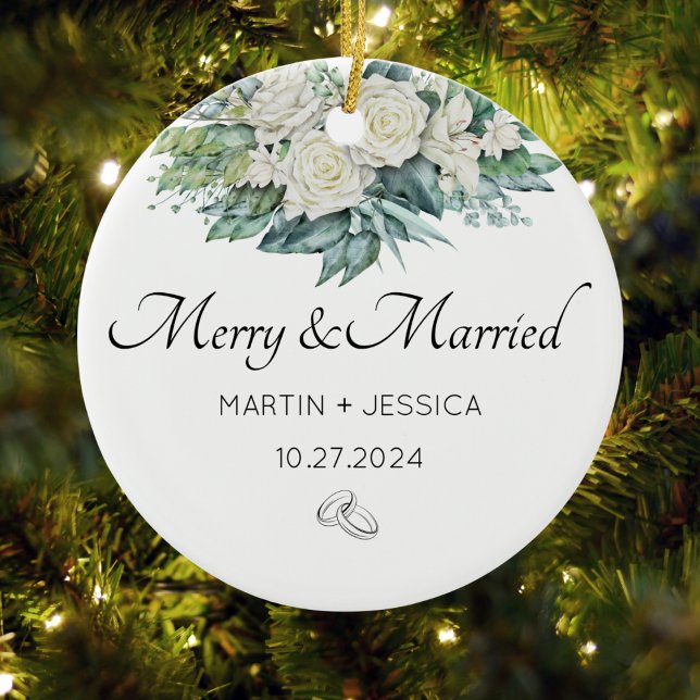 Frohe und Verheiratete unsere erste Weihnachtsblum Keramik Ornament (Merry And Married Our First Christmas Floral Ceramic Ornament)