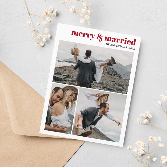 Frohe und Verheiratete Weihnachten Neuauflage Foto Postkarte (Merry & Married Photo Collage Christmas Card)