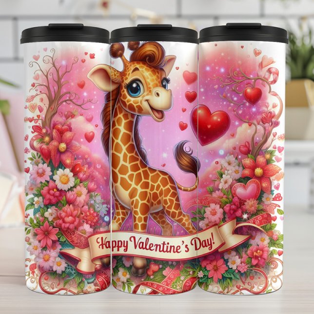 Frohe Valentinstag-Giraffe-Blumen-Wrap Thermosbecher (Von Creator hochgeladen)