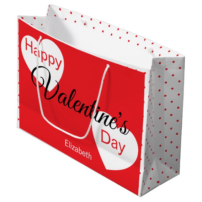 Frohe Valentinstag-Herzen Punkte Name  Große Geschenktüte (Vorderseite Schrägansicht)