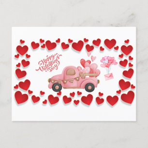 Frohe Valentinstag-Herzen und rosa Vintage-Auto Feiertagspostkarte