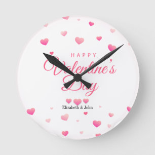 Frohe Valentinstag mit rosa Herzen Runde Wanduhr
