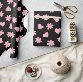 Frohe Valentinstag Schwarz & Rosa Herzen Blumen Geschenkpapier
