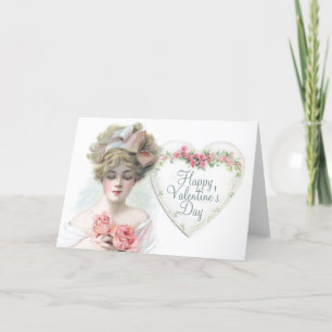 Frohe Valentinstag Vintage Lady Pink Rose Herz Feiertagskarte