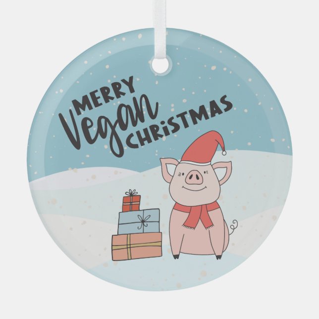 Frohe Vegane Weihnachten niedlichen Cartoon Ferkel Ornament Aus Glas (Vorderseite)