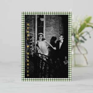 Frohe verheiratete Foto-Hochzeit grün Gingham Gold Folien Feiertagskarte