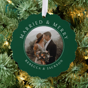 Frohe Verheiratete grüne Hochzeit Foto Weihnachten Ornament Karte