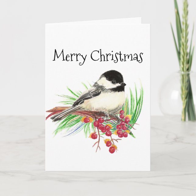 Frohe Weihnacht-Aquarellchickadee-Vogelkunst Feiertagskarte (Vorderseite)
