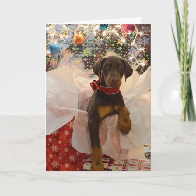 Frohe Weihnacht-Dobermann-Welpe Feiertagskarte (Vorderseite)