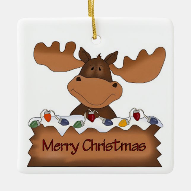 Frohe Weihnacht-Elche mit Weihnachtslichtern Keramikornament (Vorderseite)