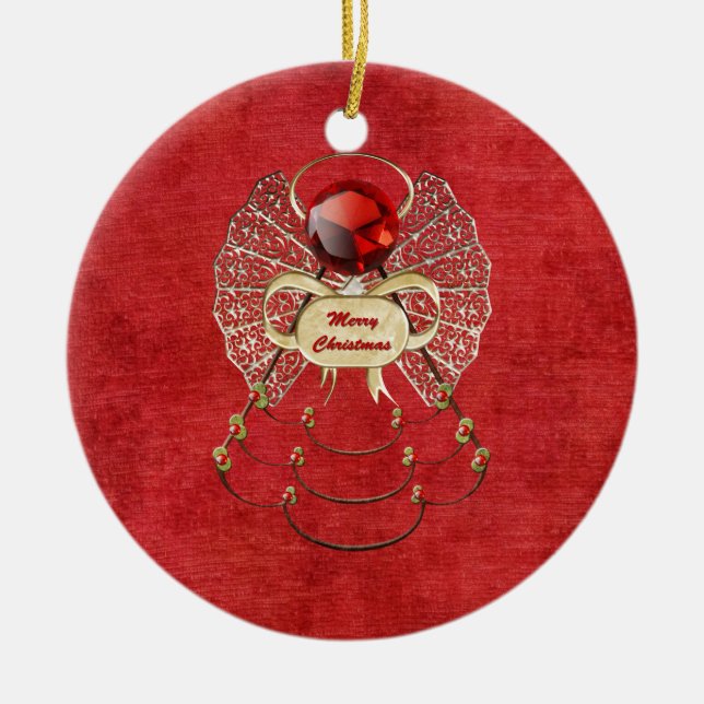 Frohe Weihnacht-Engel - Rot Keramik Ornament (Vorne)