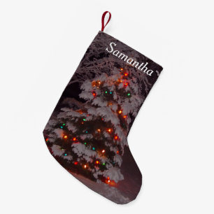 Frohe Weihnacht-Feiertags-Baum-Lichter im Schnee Kleiner Weihnachtsstrumpf