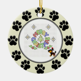 Frohe Weihnacht-Kreuz-Stich durch Welpen Keramikornament