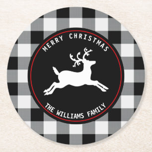 Frohe Weihnacht-Ren-Schwarz-weißer Büffel-Karo Runder Pappuntersetzer