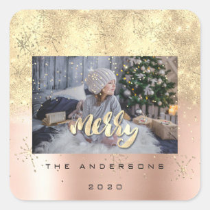 Frohe Weihnacht-Rosen-Goldstern-Funken-Foto-Name Quadratischer Aufkleber