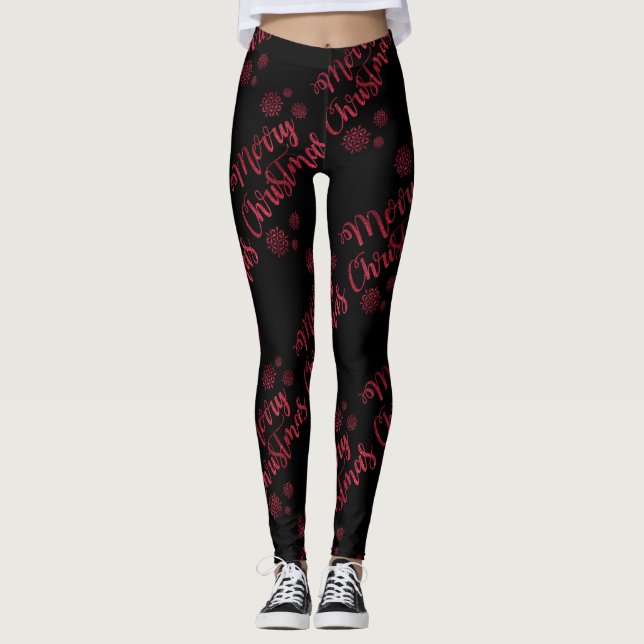 Frohe Weihnacht-rote Glitzer-Schwarz-Leggings Leggings (Vorderseite)