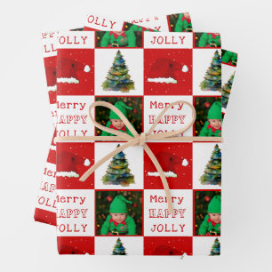 Frohe Weihnacht Tannenbaum Nikolausmütze Familienf Geschenkpapier Set