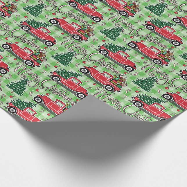 Frohe Weihnacht-Vintager LKW-Grün-Büffel-Karo Geschenkpapier (Ecke)