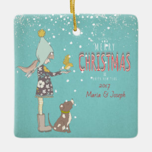 Frohe Weihnacht-Weihnachtsmädchen-Hundeeditable Keramikornament