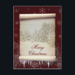 Frohe Weihnacht-Winter-Pergament-Illustration Feiertagspostkarte<br><div class="desc">Winterpergamentillustration der frohen Weihnachten,  welche die alte Papierrolle mit einer schneebedeckten Landschaft und mit Schnee verziert und die Eiszapfen auf einem dunkelroten Hintergrund mit Schneeflocken kennzeichnet.</div>
