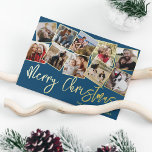 Frohe Weihnachten 10 Foto Collage Folien Feiertagskarte<br><div class="desc">Elegante Weihnachtsreise Goldfolie-Karte mit einem stilvollen,  tiefblauen Hintergrund,  10 quadratischen Foto-Collage,  die das ganze Jahr über Erinnerungen einfangen,  die Frohe Festtage "fröhliche Weihnachten",  Familienname und das Jahr.</div>