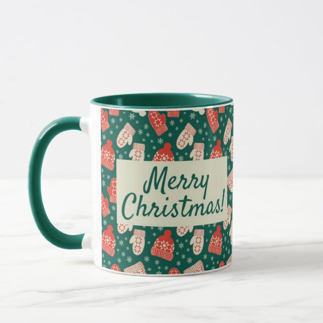 Frohe Weihnachten 11oz Green Hat & Mittens Tasse (Links)