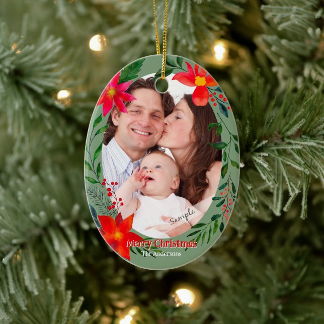 Frohe Weihnachten 1 Foto Aquarell Blumenurlaub Keramik Ornament (Baum)