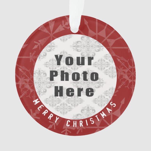 Frohe Weihnachten 1 Foto-rote Schneeflocke/Text Ornament (Vorderseite)