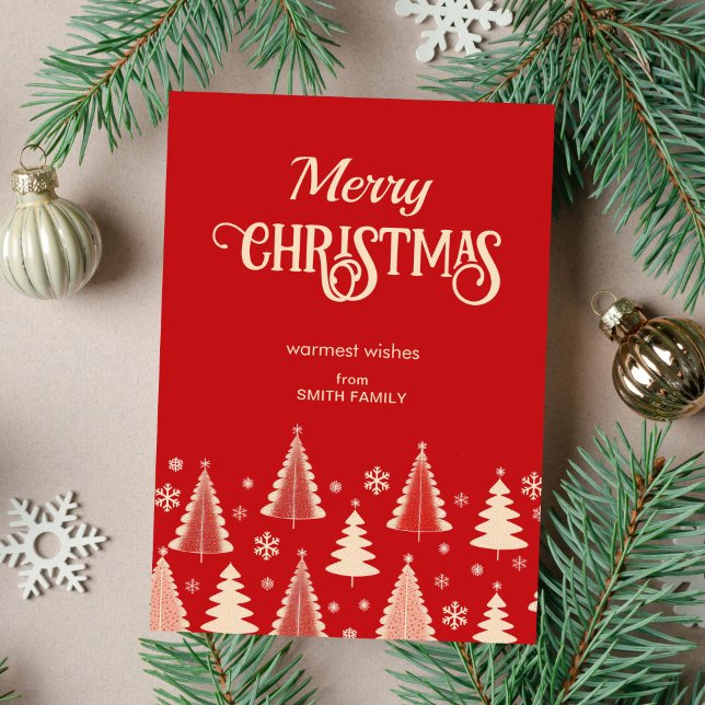 Frohe Weihnachten 2000 rote beige Bäume (Merry Christmas red and beige midcentury retro style greeting card editable template download)