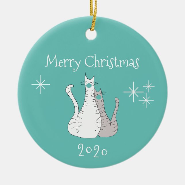Frohe Weihnachten 2020 Katzen Trendy Aquamarine Ge Keramik Ornament (Vorne)