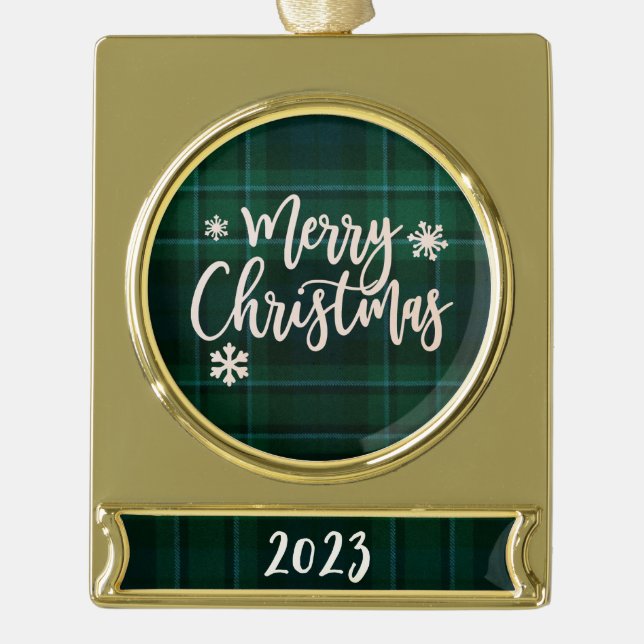 Frohe Weihnachten 2023 Grün Kariert Banner-Ornament Gold (Vorderseite)