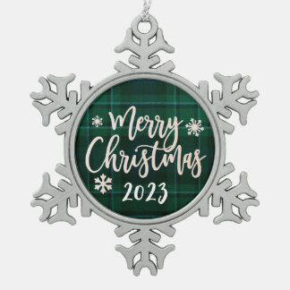 Frohe Weihnachten 2023 Grün Kariert Schneeflocken Zinn-Ornament