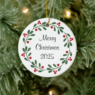 Frohe Weihnachten 2024 Wreath Holly Berries Orname Keramik Ornament