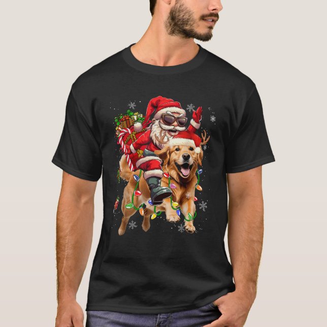 Frohe Weihnachten 2025 Santa Riding Golden Retriev T-Shirt (Vorderseite)